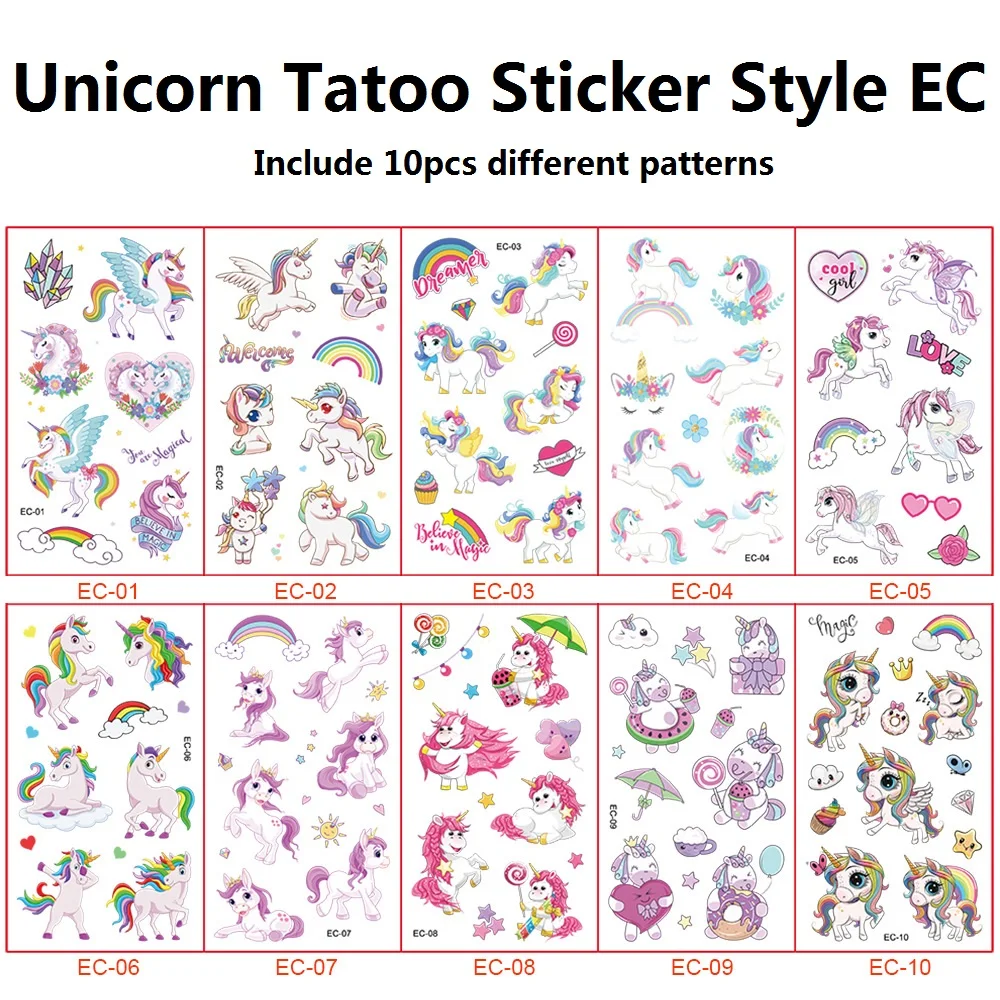 10Pcs/Set Child Tattoo Sticker Unicorn Princess Temporary Fake Kids Tatoo Girl Arm Hands Body Waterdichte Tatouages Pour Enfants