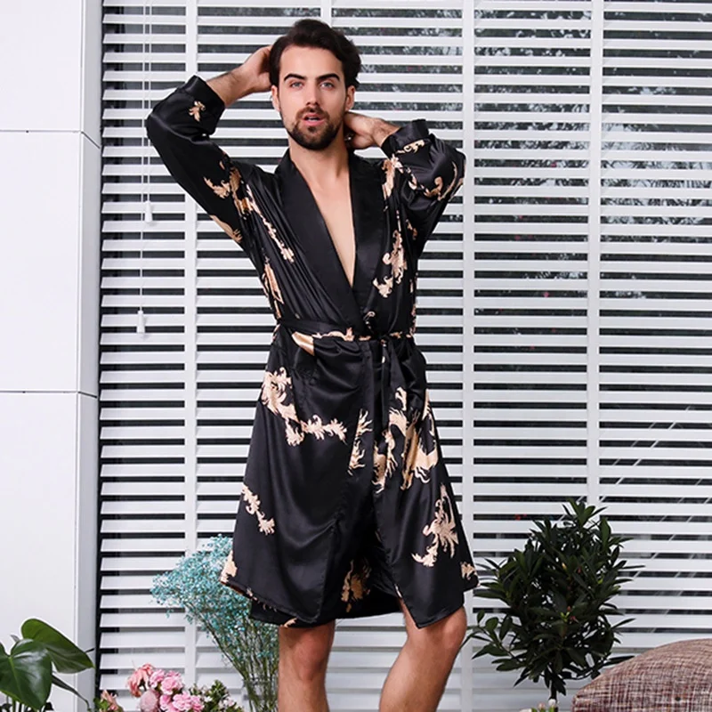 OEM plus size man Gift Custom satin two pieces Silk Satin Long Sleeve polyester Loungewear Pajamas Mans Sleepwear robe set