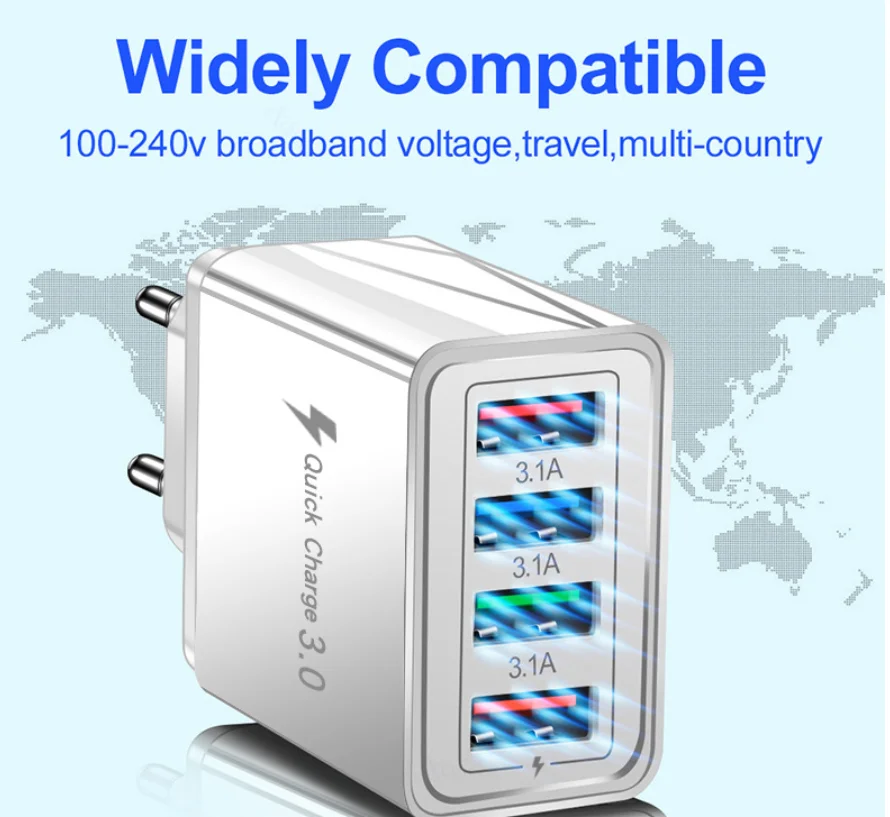 Quick Charge 3.0 USB Charger 48W 4 Ports Adapter QC 3.0 EU/US/UK Plug Wall Mobile Phone Fast Charger Home Wall Charger Travel