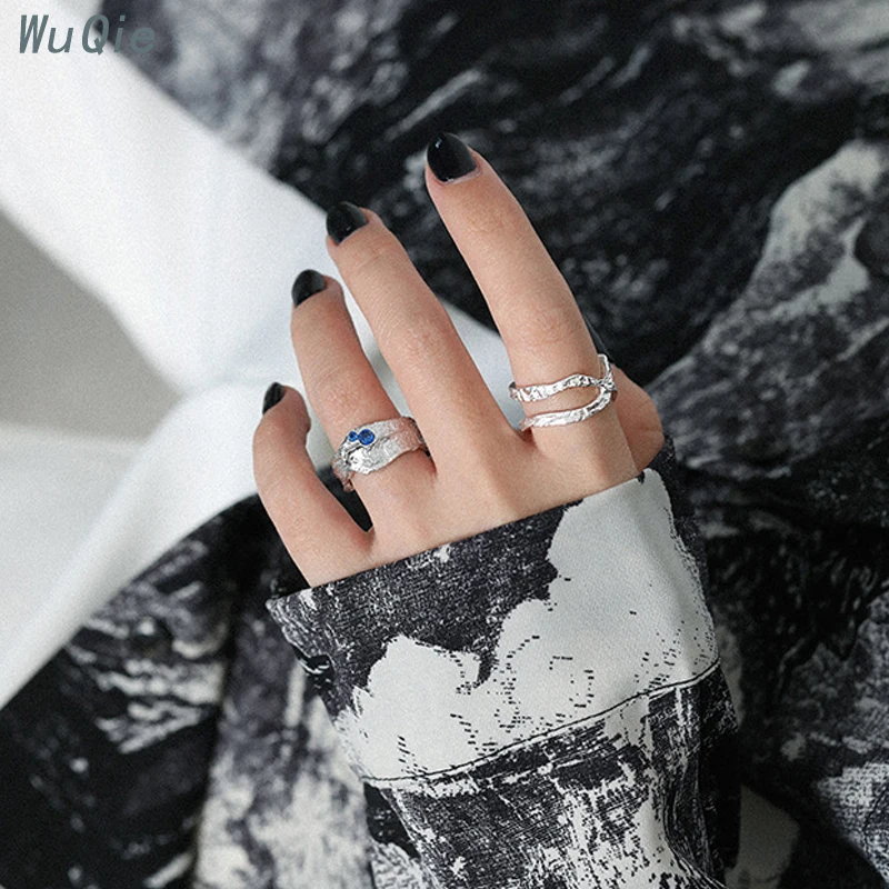 Wuqie Niche Design Irregular Texture Silver Gold Plated Ring Statement Blue Zircon Ring for Women