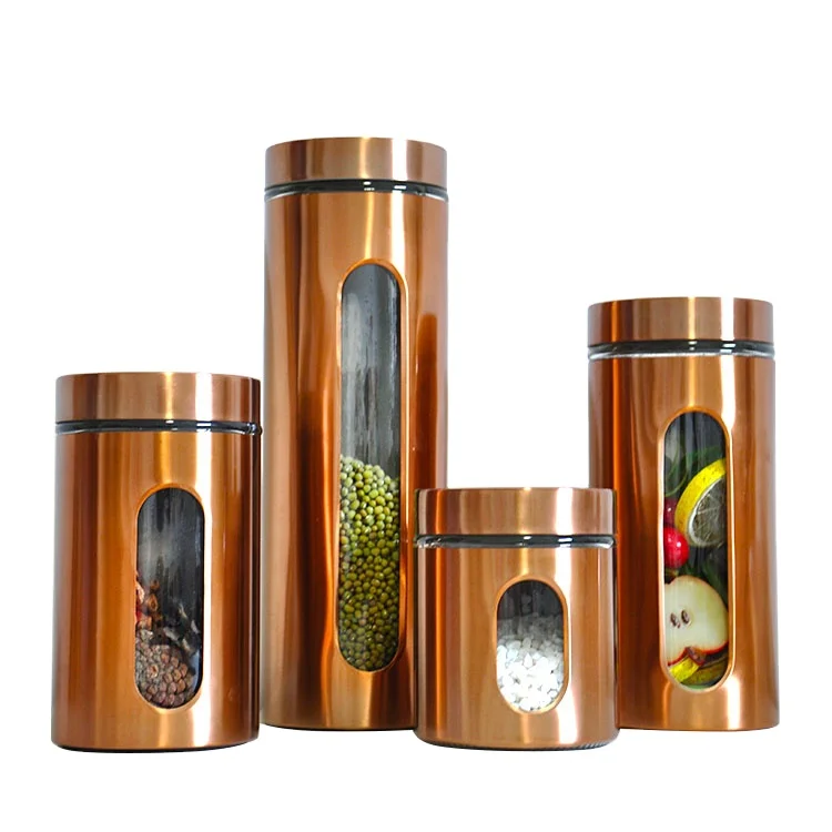 custom airtight stainless steel kitchen set glass food storage jar