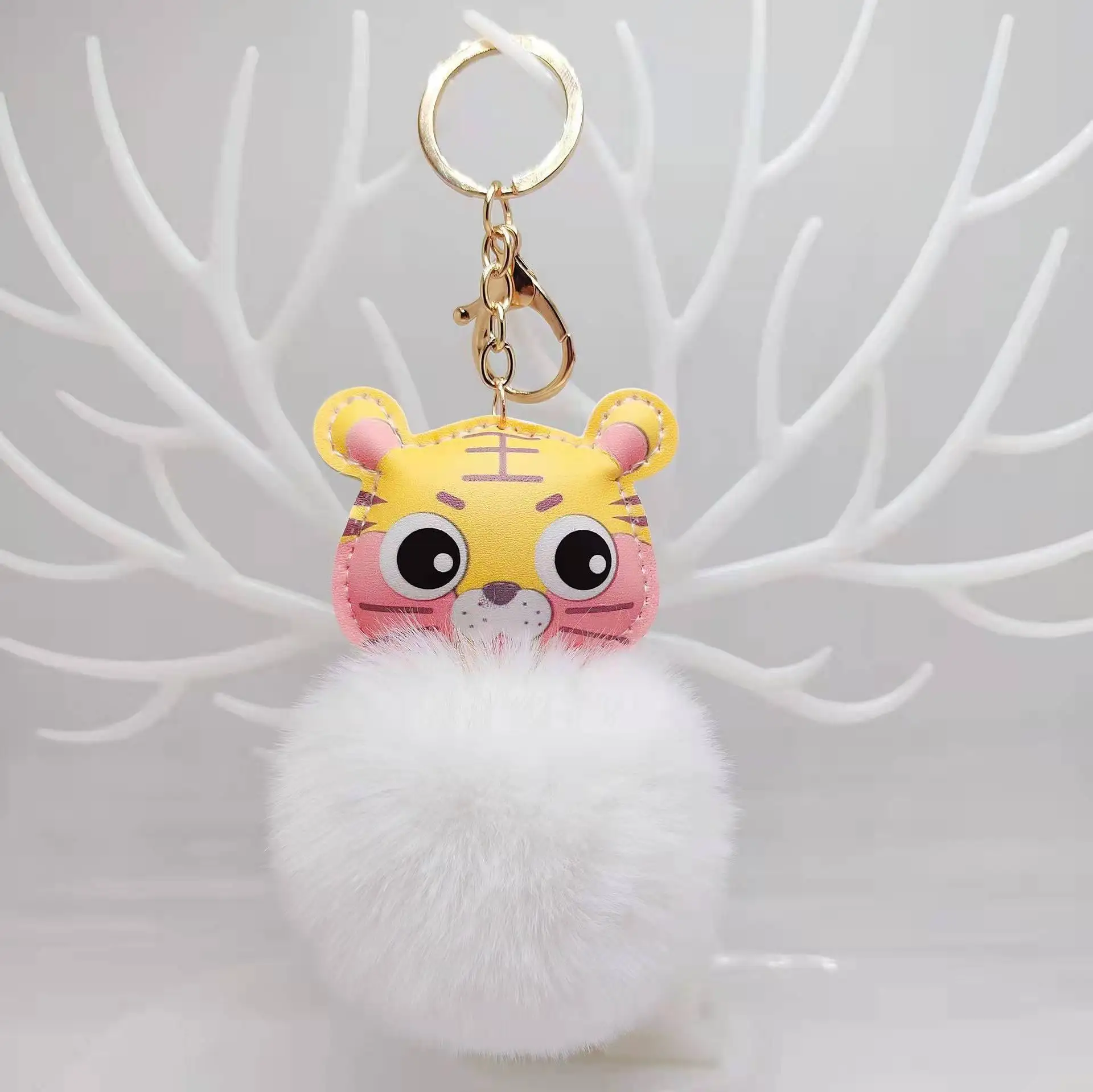 Wholesale Cute Mini Cartoon leather tiger Keychain Plush Toys colorful Animals Tiger keychain for backpack