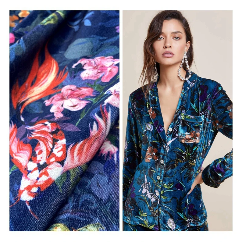 Soft 95% polyester 5% spandex warp knit 4 way stretch custom velour 250GSM velvet print fabric for garment