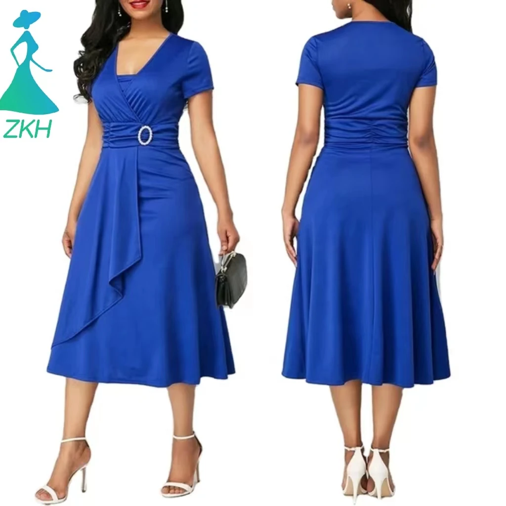 Plus Size Maxi Elegant Women Career Dresses Short Sleeve Asymmetric Hem Waist Tight Midi Party Dress Ladies Evening Vestidos