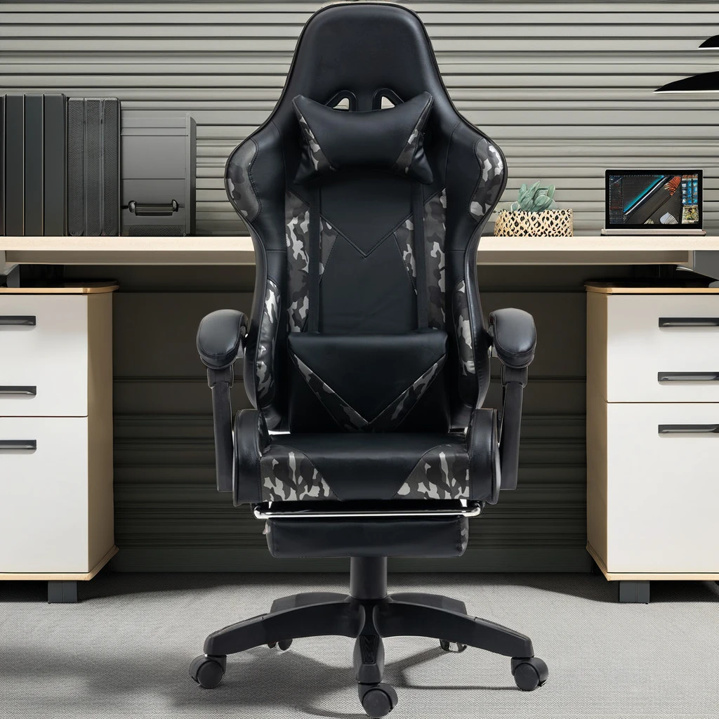 Camouflage Ergonomic Gaming Chair with Swivel Recliner Adjustable Armrest and Footrest Office Desk Chair Made of Leather Iron
