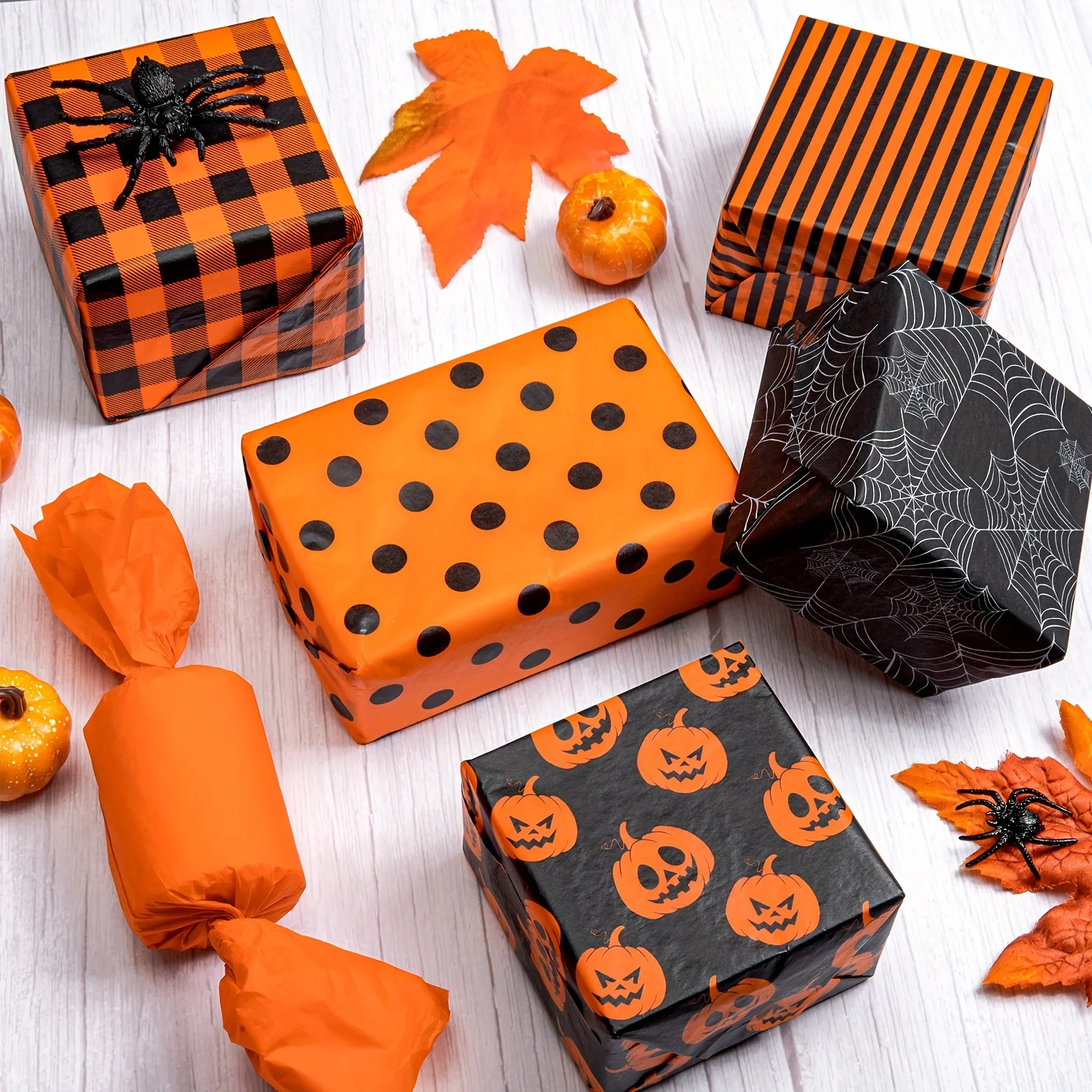 Halloween Wrapping Paper In Black, Orange & Autumn Designs With Spider, Witch, Dots & Stripes Patterns For c