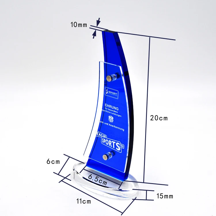 High Quality Crystal Blue Award Trophy Awards ship shape Acrylic Shield Trophies with design Logo