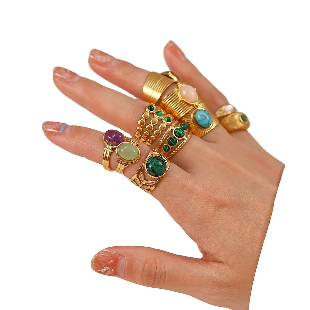 M707 French vintage design niche irregular gemstones do not lose color titanium steel stainless steel open ring