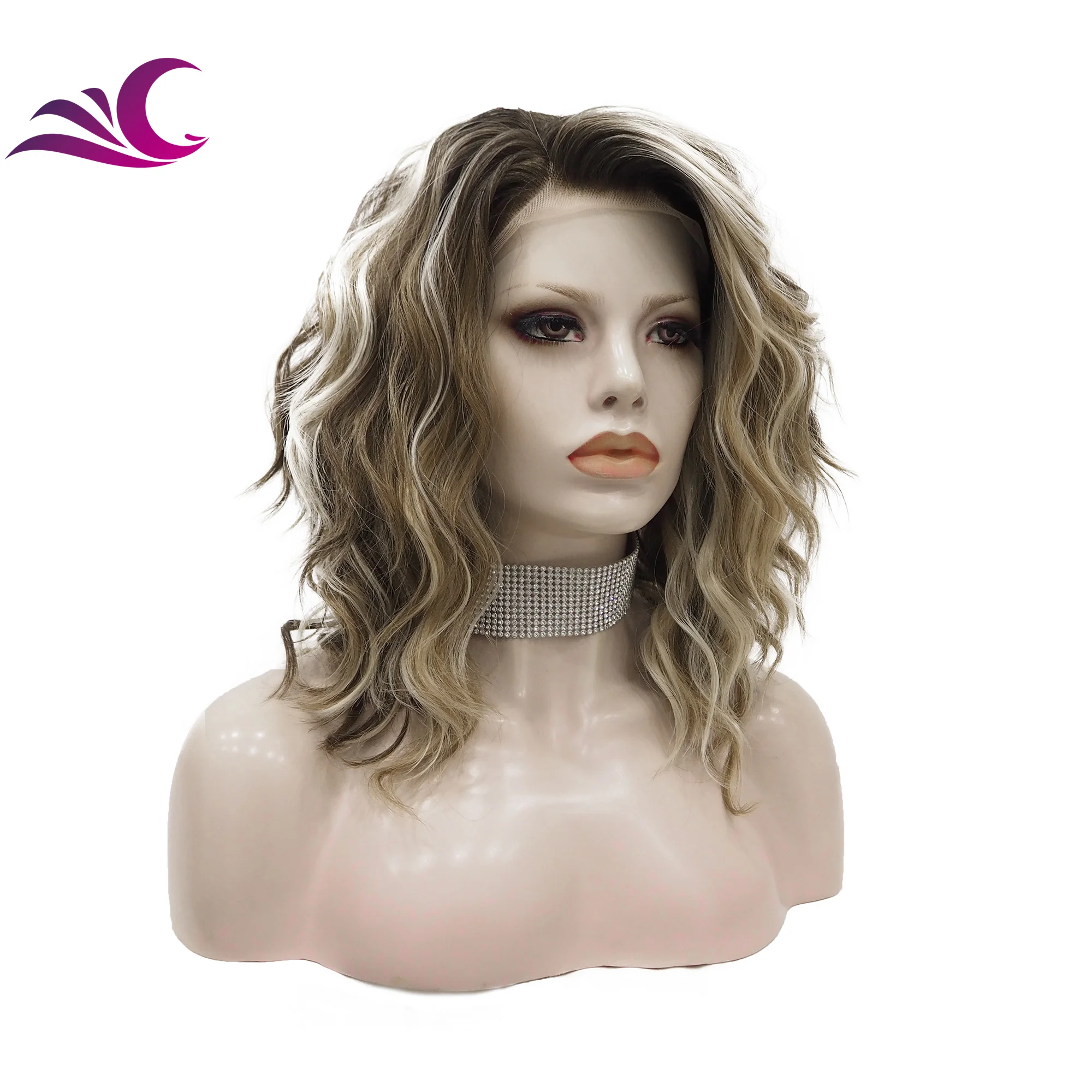 Celebrity three color dark root mix brown color synthetic hair wigs for white ladies