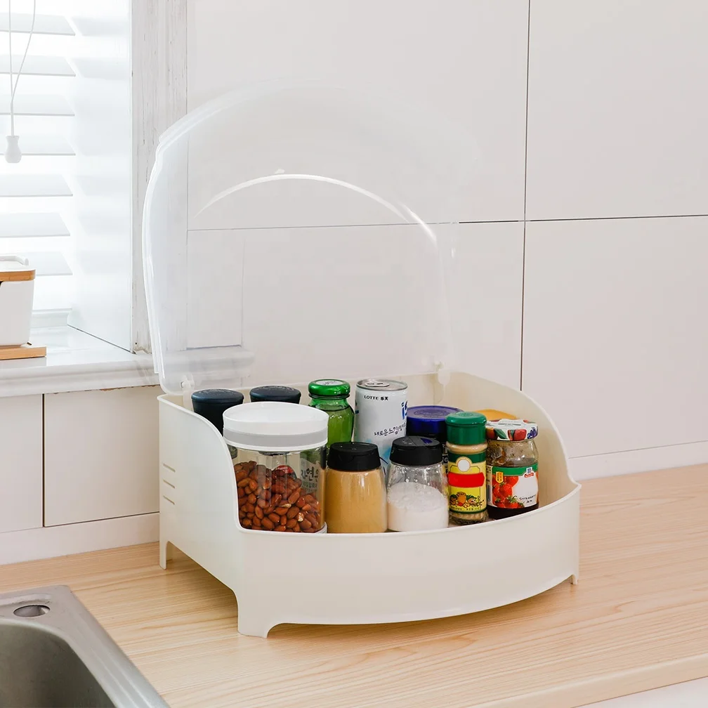 BAOYOUNI Kitchen Standing Draining Dish Rack Plastic With Cover Organizer Tableware Large Capacity Seasoning Storage Shelf Rack