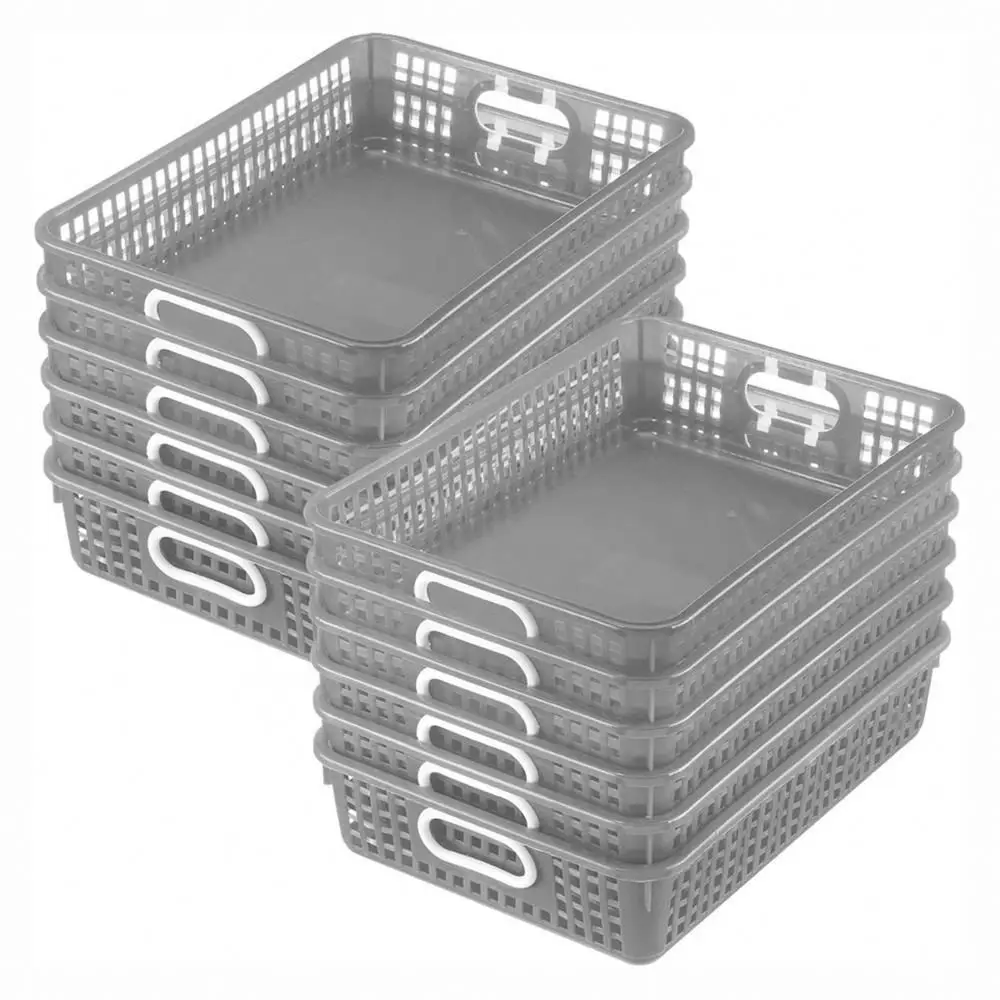 
Perfect Sturdy Rectangle Pebble Color Classroom Paper Baskets with Handles Wholesale Plastic Handy Storage Basket Tidy Organizer 