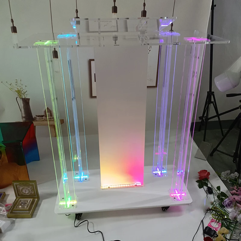 Custom High Quality Acrylic Podium School Mall Stage Speech Table Pulpit Podium Acrylic Led Lights