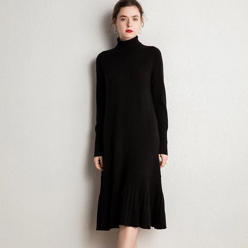 2022 New Autumn Warm Fashion Women Long Turtleneck 100% Wool Cashmere Dress Ladies