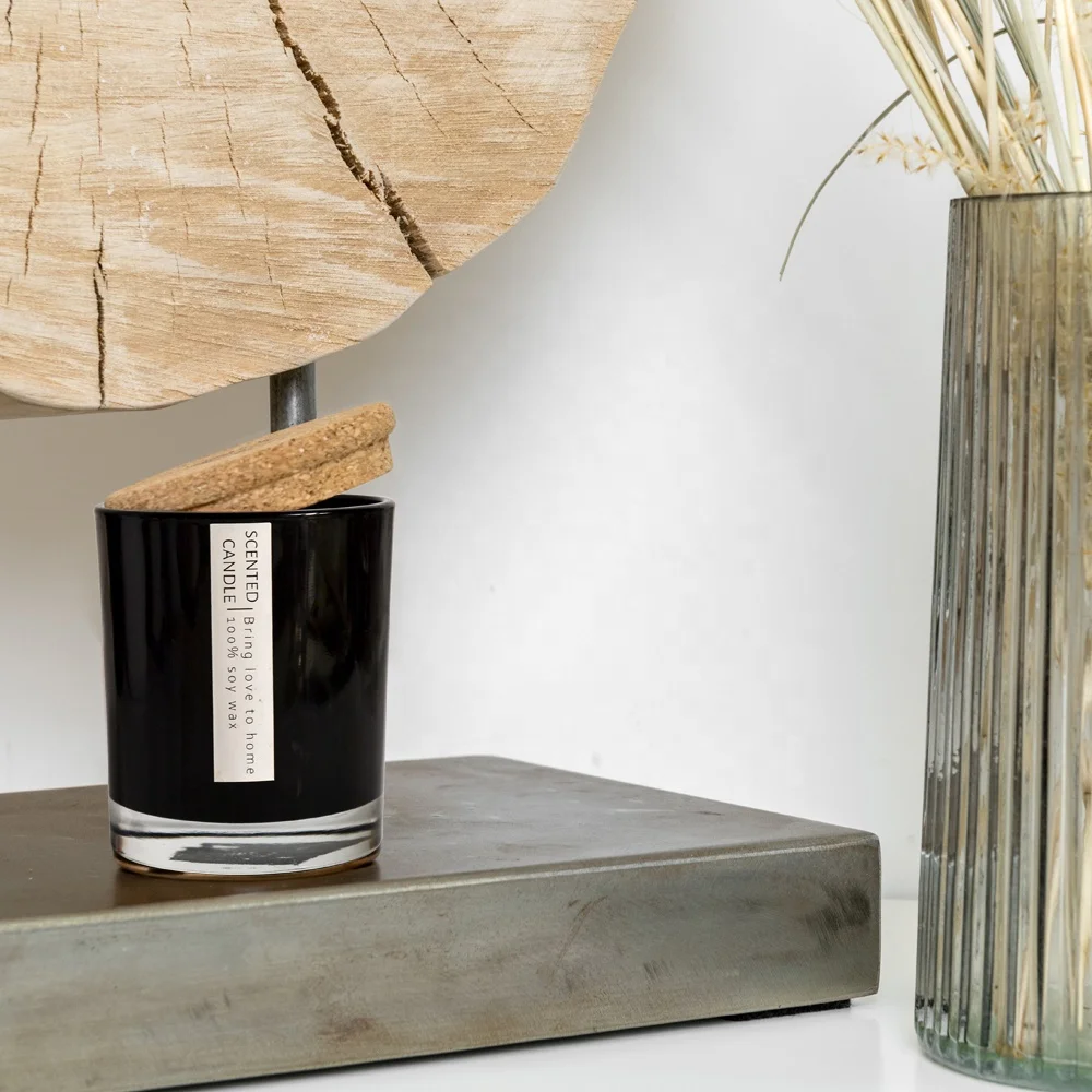 Private Label Luxury Essential Oil Candle Art Soy Wax Scented in Black Glass Jar 2-Color Printed Gift Item