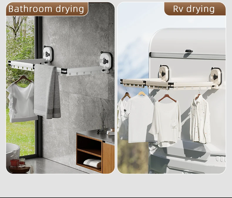 Double Side Wall-Mounted Folding Dry Rack Laundry Room Balcony Strong Aluminium Suction Cup Punch-Free Retractable Clothes