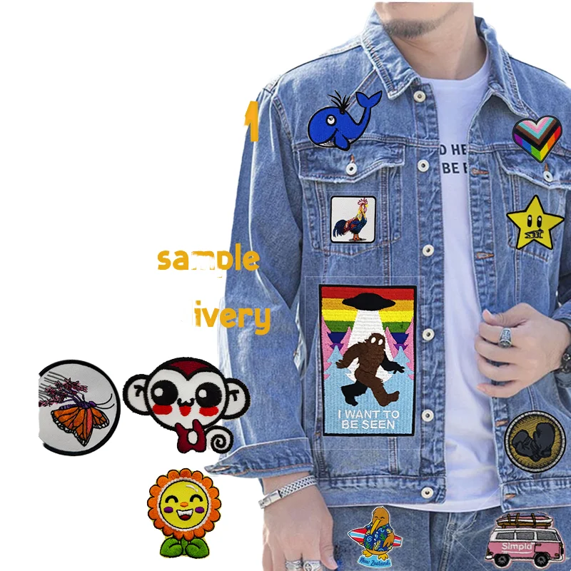 Custom Logo Sew-On Mini Embroidery Pitbull Design Handmade University Style Denim Pants Mainly Cotton Fabric Resin Plastic Felt