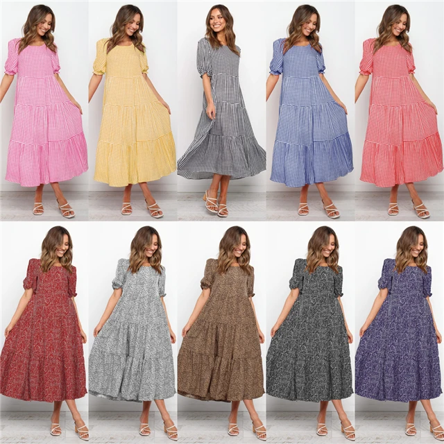 
2021 Spring New Products Puff Sleeves Plaid Polka Dot Stitching Loose Dress Long Skirt 