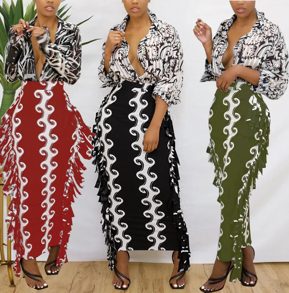 Fall Clothing Women Casual Color Block High Waist Tassel Pencil Long Maxi Skirts Mid-length Skirt