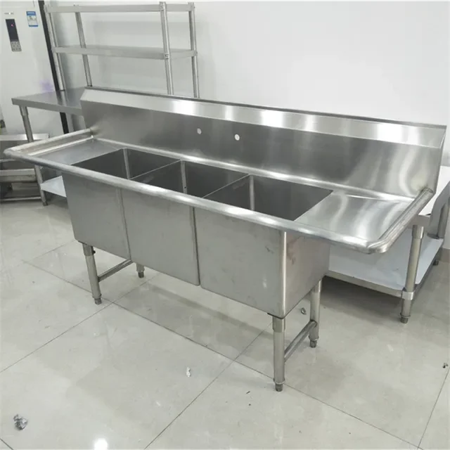 Commercial Kitchen Equipment Suppliers Three Compartment Sink 304 Stainless Steel Restaurant Industrial Sink with Two Drainboard