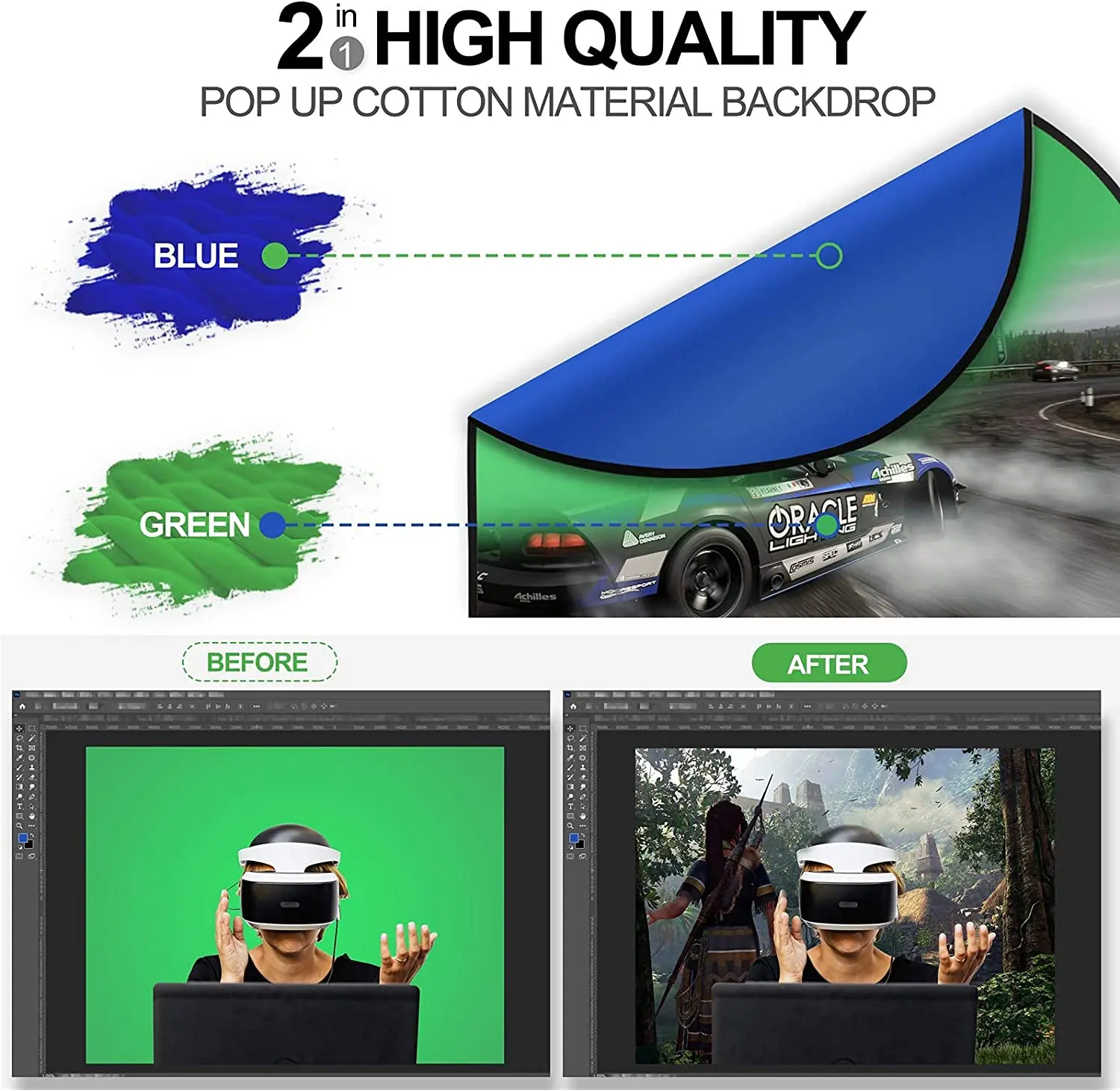 Portable Green Blue Grey Screen Backdrop 5 x 6.5ft Collapsible Pop Up Chromakey Background for Chair Zoom Virtual Camera Travel