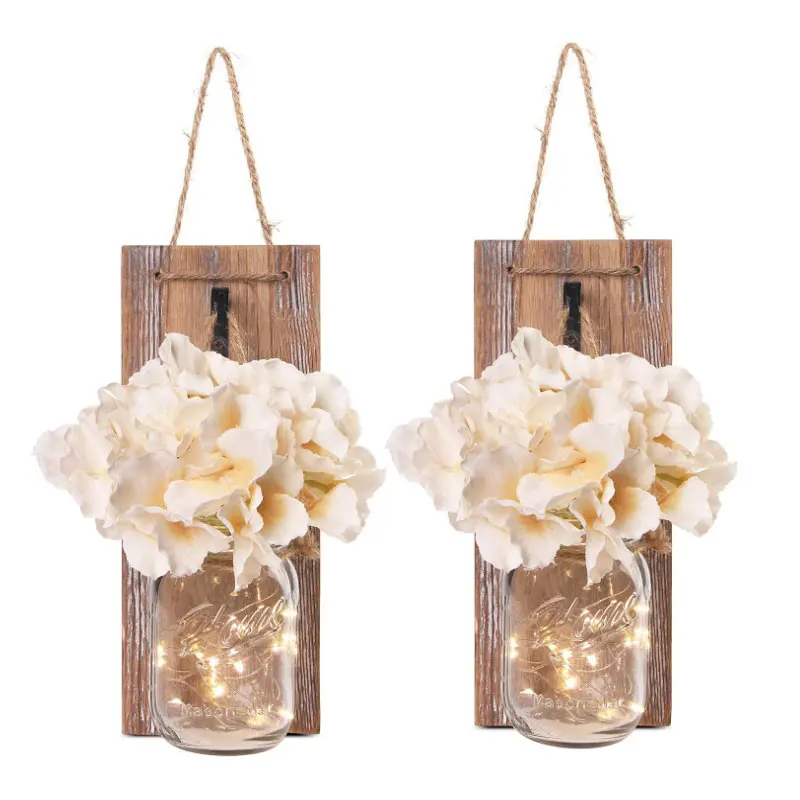 
Mason Jar Sconces for Home Decoration Rustic Wall Lamp with LED Fairy Lights and Silk Hydrangea Flowers Farmhouse Wall Lights 