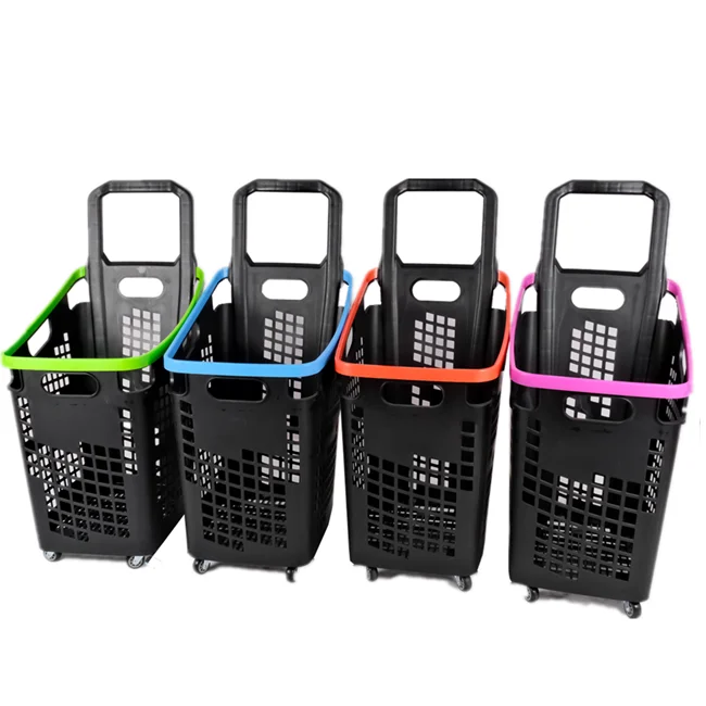 70L Grocery Plastic Basket Trolley Plastic Shopping Basket Cart For Supermarket