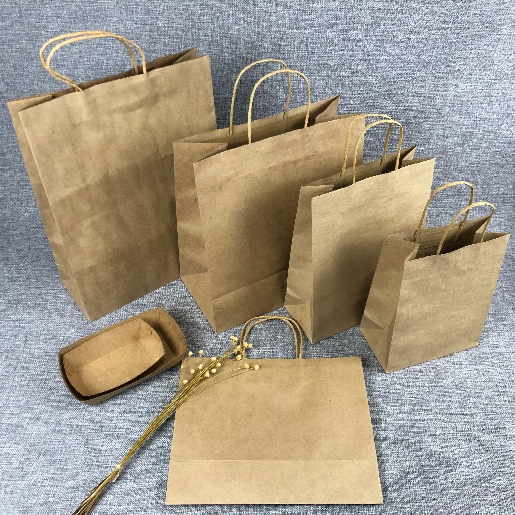 G25 15% off personalized kraft paper bag with handles square bottom brown reusable coffee fast food packaging wholesale