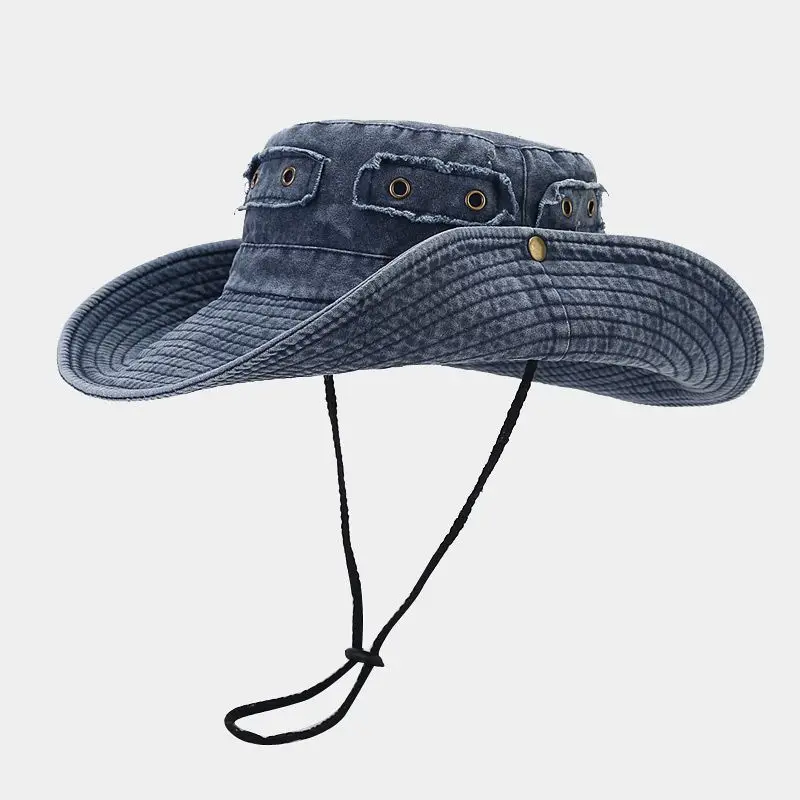 Wholesale Wide Brim Washed Cotton Cowboy Hat With Fold up Button Custom Survival Hat Out Door Fishing Hat