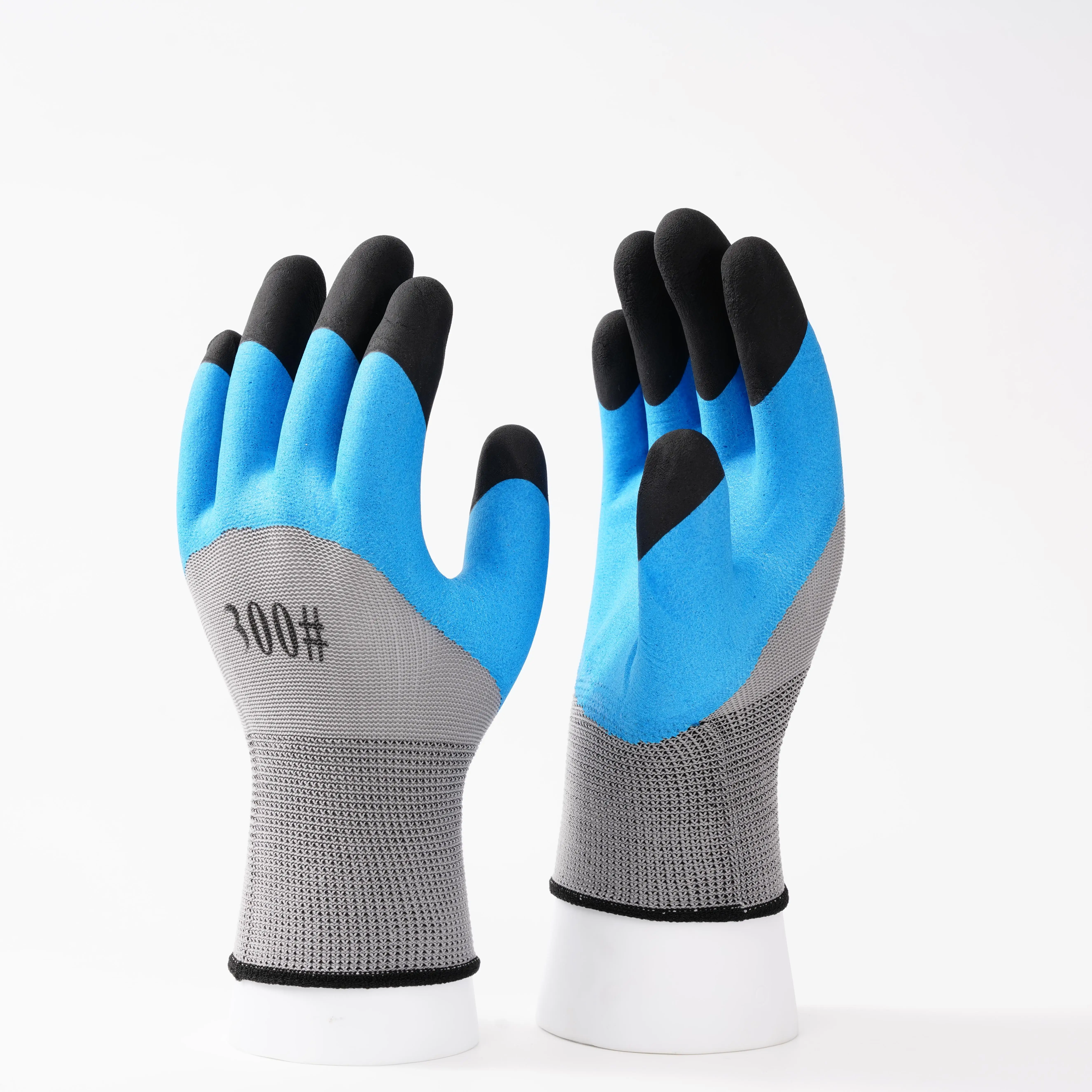 Blue foam latex coated garden working gloves finger double dipped