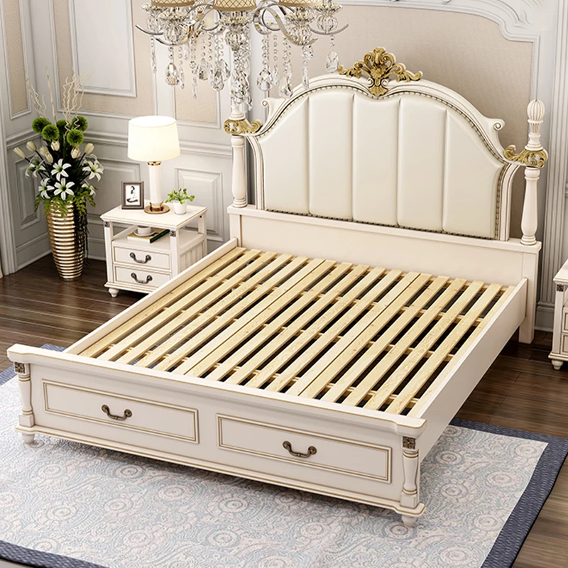 American Style Light Luxury Double Bed Master Bedroom European Style 1.5 M Storage Queen Bed Solid Wood Furniture
