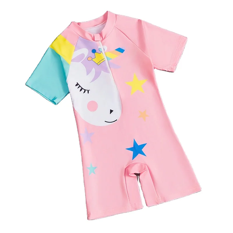 Wholesale Clothing Summer Kids Girls Cartoon Horse Print Round Neck Short Sleeve One-Piece Swimwear