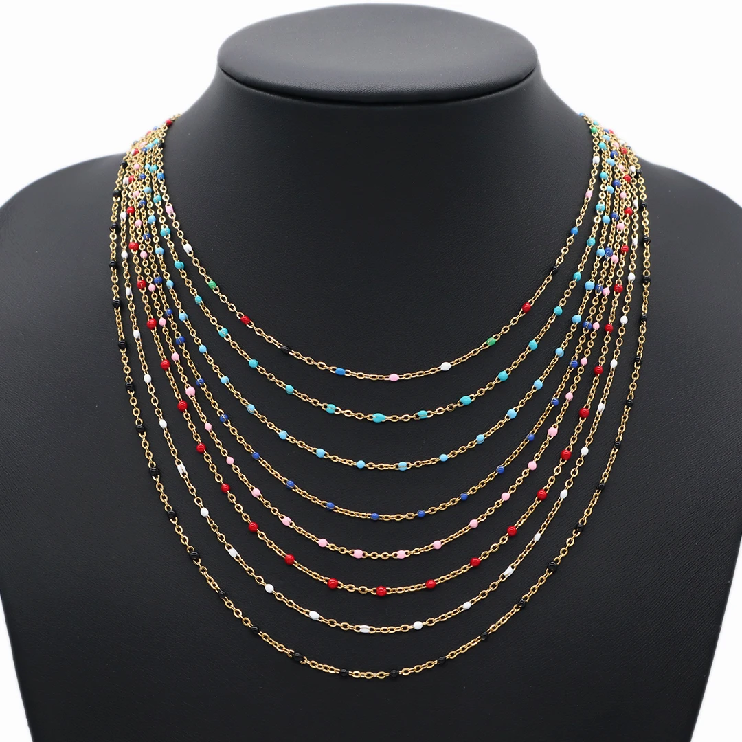 Customized Various Color Manufacture OEM Factory Jewelry Gold Plated neon enamel Beads Stainless Steel Chain necklace for women