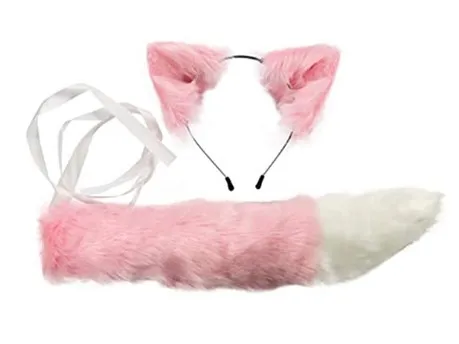 Handmade Fox Wolf Ears Headband and Faux Fur Tail for Halloween Cosplay Party Costume Accessories