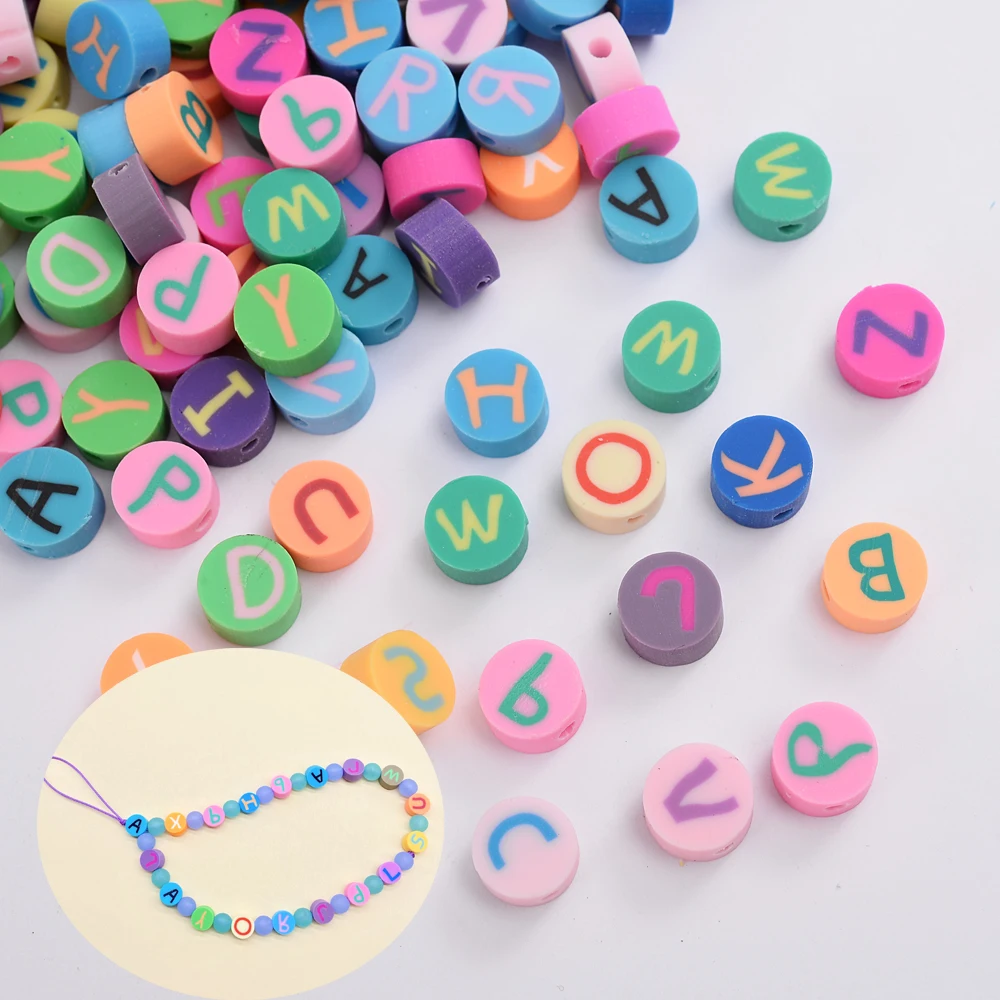 50Pcs 10mm Cute Letter Beads Polymer Clay Beads Cartoon Alphabet Spacer Loose Beads for Necklace DIY Bracelet Accessories