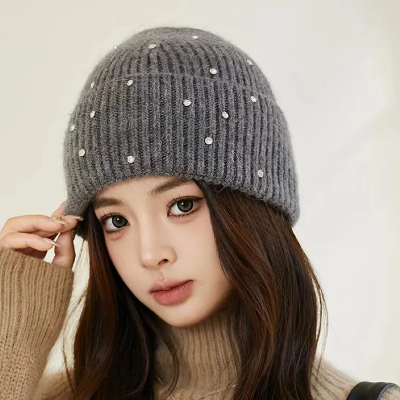 Female winter South Korea new gentle fairy rabbit hair knitted hat thick warm hat small fragrance light luxury diamond hat