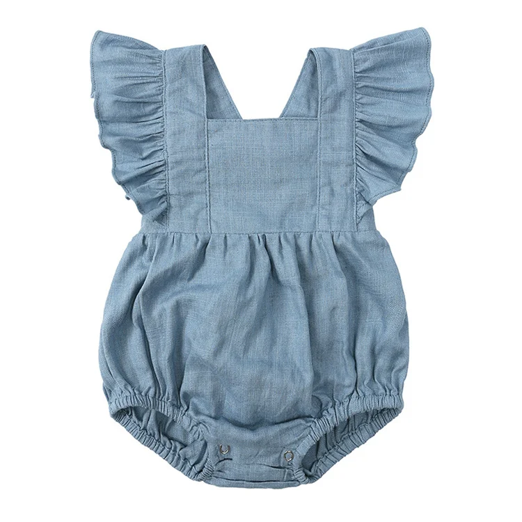 New Arrival Infant Dress Summer Square Neck Snap Button Ruffle-Strap Sleeveless Woven Solid Color Baby Girl Romper clothing
