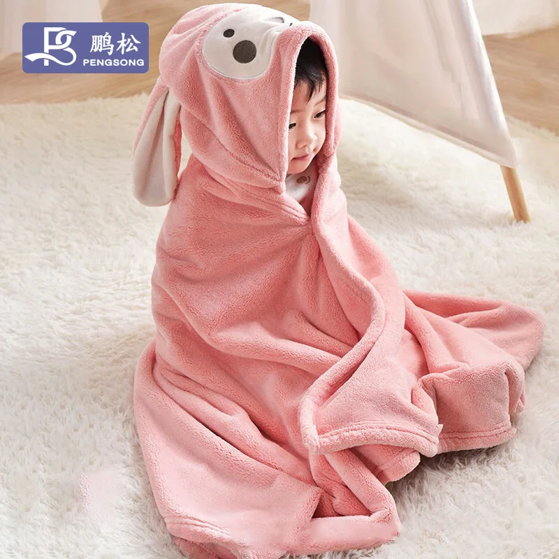 Wholesale Soft and Water Absorption Coral Fleece Baby Bathrobes Cute Hooded Robes Cloak Bath Towel Baby Blanket
