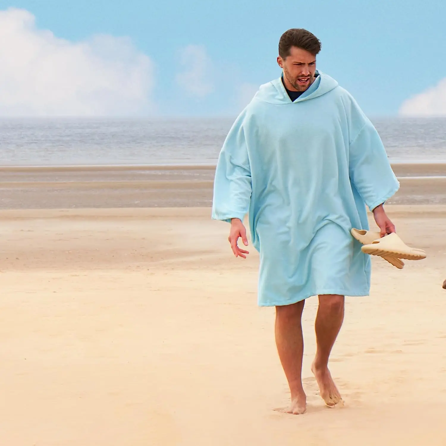 Swim towel Poncho Adult Hooded Large Bath Swim Surf Beach Absorbent Dry Microfiber Changing Robe for Men Boys Quick Dry Sky Blue