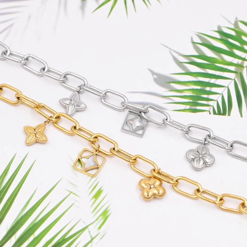 Fashion Gold Plated Stainless Steel Clover Geometric Hollow Zircon Chain With Adjustable Cuff Bracelet Women Gifts Party Jewelry