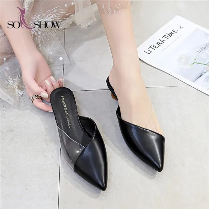 Custom logo slide slippers mid heel girls leather pointed toe sandals for women and ladies