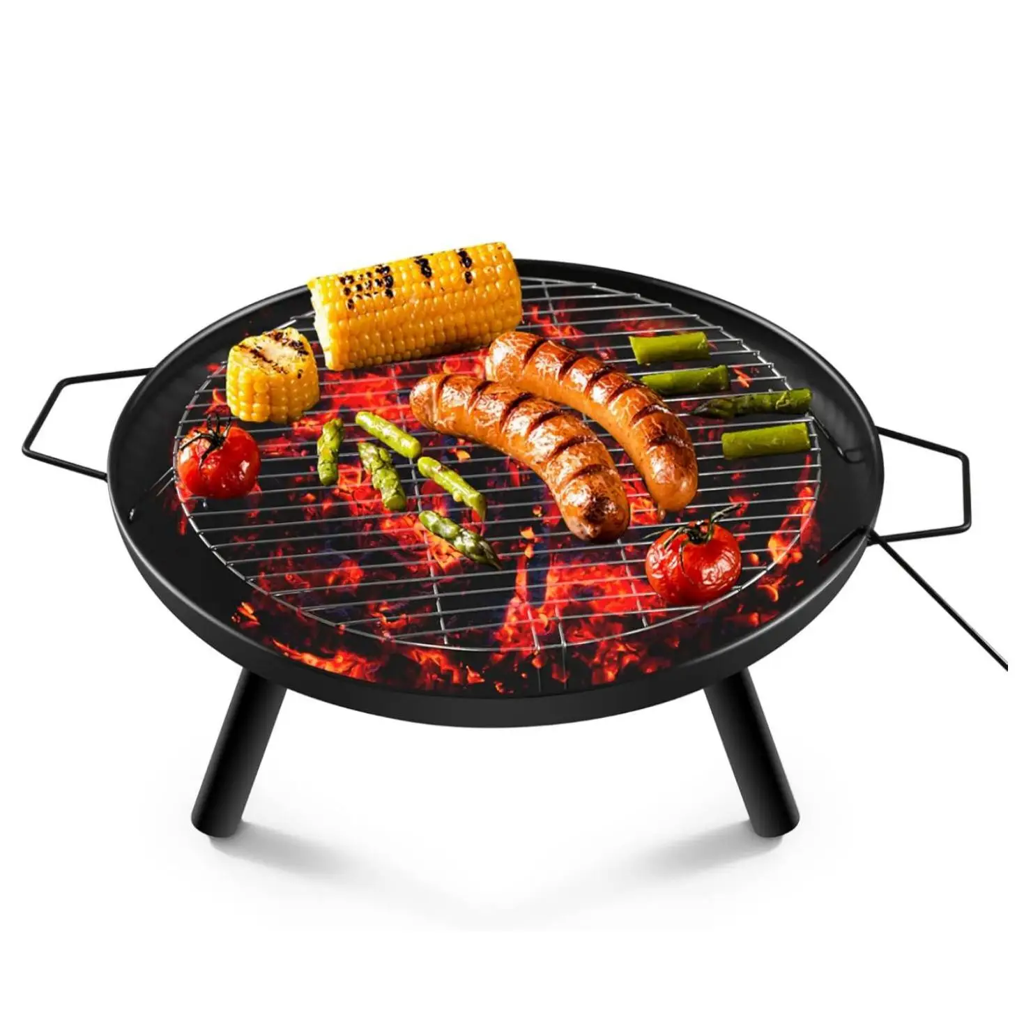 Outdoor Tripod Fire Pit Bowl 24 in Round Firepit with Grill and Fireplace poker for BBQ