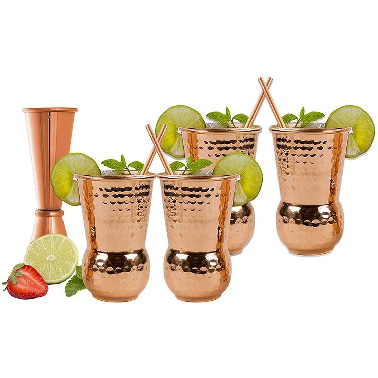 Food Safe Copper Plated Drinking Cups 16 oz Hammered Design Tumblers