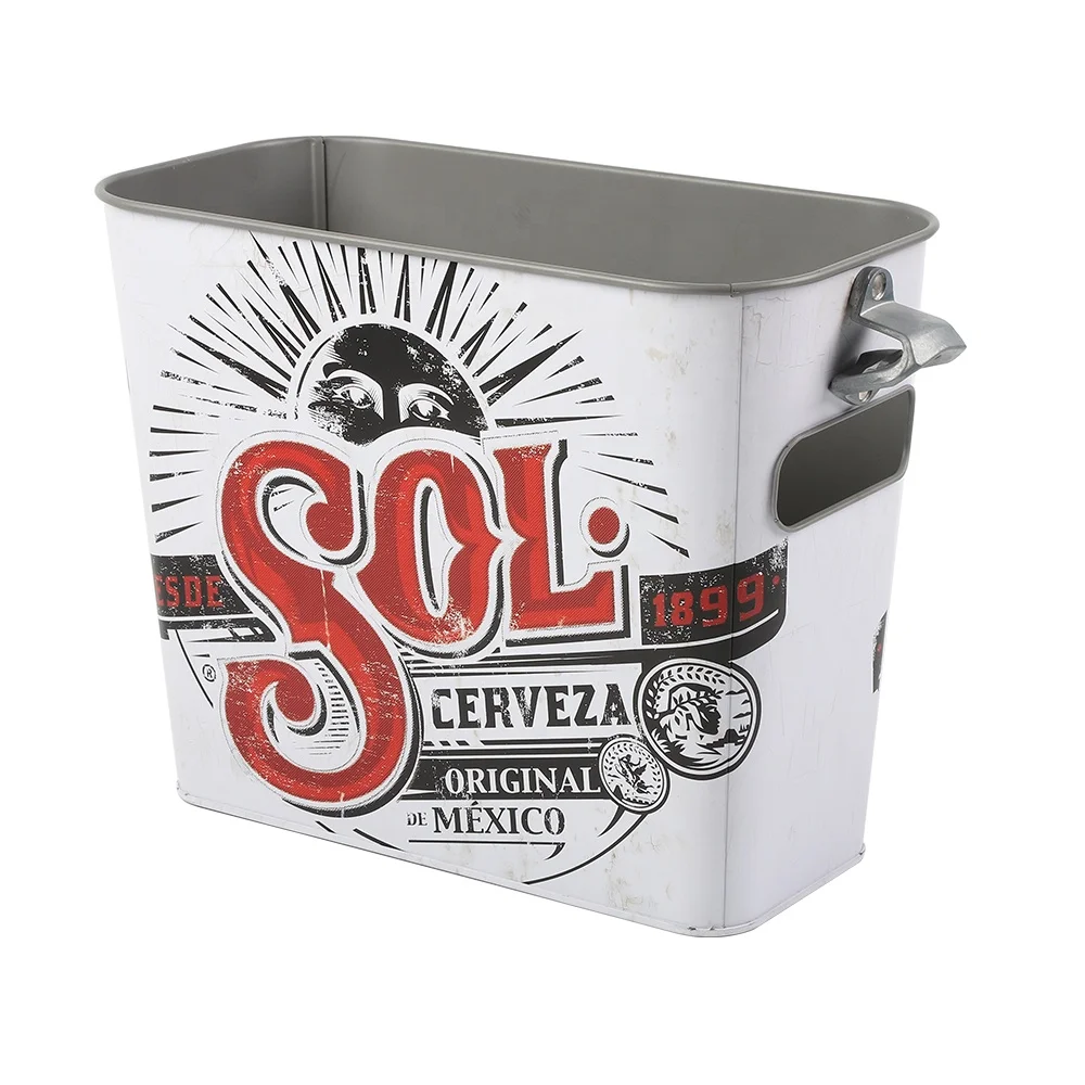 SOL 6L Rectangle Metal Tin Bucket With Handles Beer Ice Pail Bucket With Bottle Opener (1600250625628)