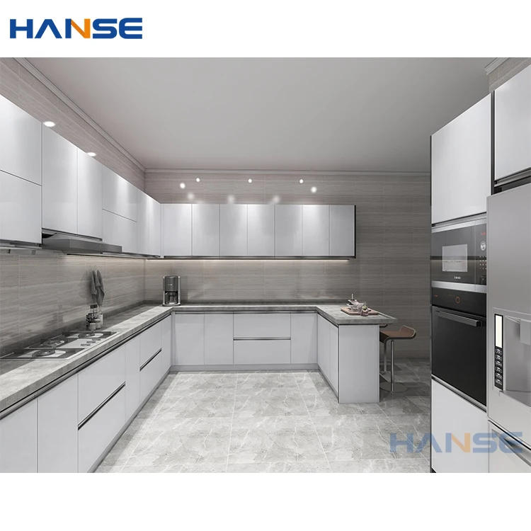 Custom modern complete u shape white high gloss lacquer finish flat pack modular wood kitchen cabinet set design with marble top
