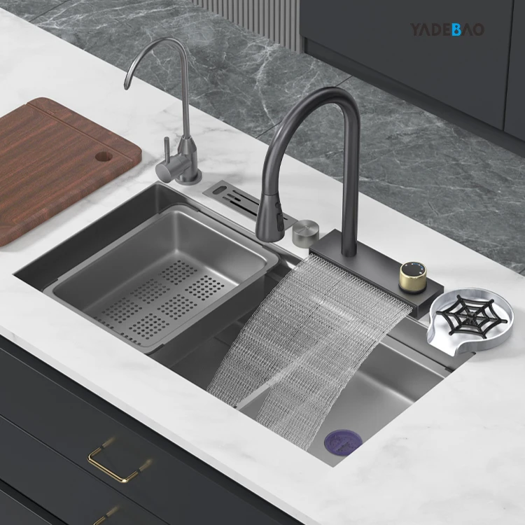 New Trending Nano Gun Grey Rain Shower Waterfall Faucet Farmhouse Kitchen Sinks Stainless Steel Hand Made Kitchen Sink