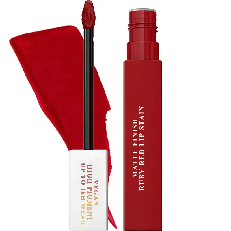 Wholesale Organic Lipgloss Matte Velvet High Pigment Ruby Red Lip Ink Stain Liquid Lipstick Non-Stick Waterproof Lip Gloss Tint