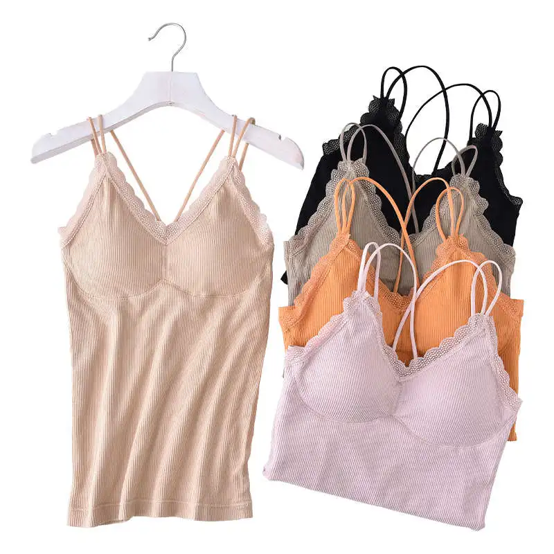 New fashion women tank top removable padded thick warm vest ladies sexy spaghetti straps lace fleece camisole