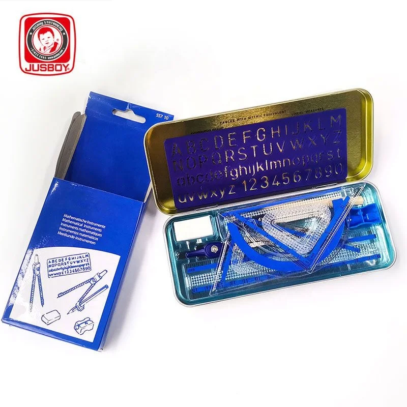 10 шт., набор канцелярских принадлежностей, высококачественный набор для математики, набор для математики, студенческий компас, металлическая жестяная коробка