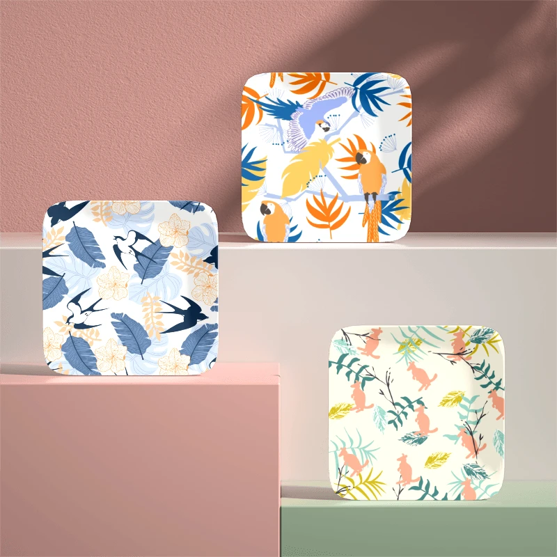 Nordic Style Animal Cotton Pattern Square Ceramic Dessert Dishes Plates Set Colorful Restaurant Home Party Dining Plates