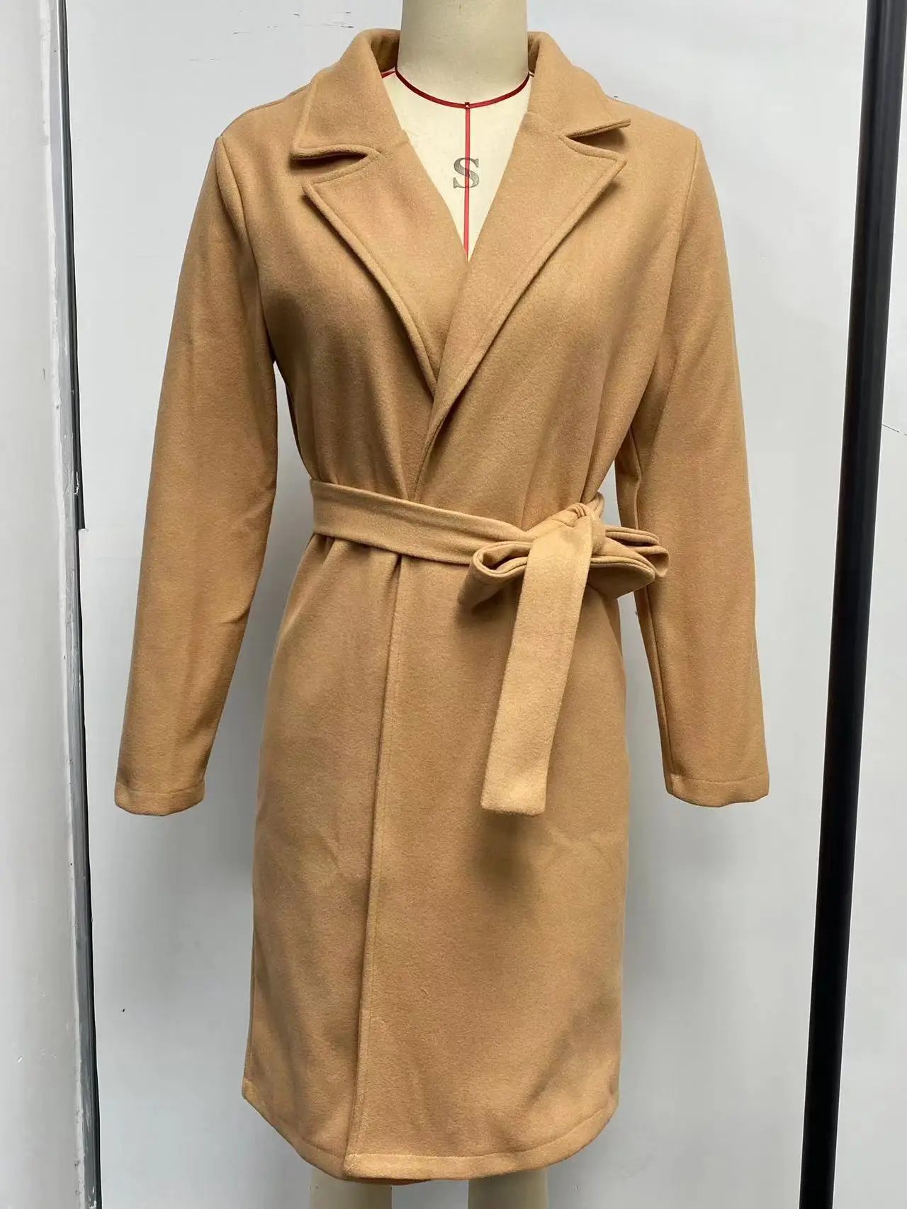 2024 Autumn and Winter Fashion Simple Temperament Long Sleeve V-neck Bandage Wool Coat Women Coat Outwear